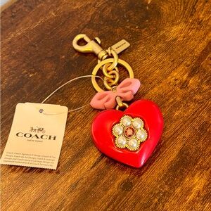 Coach Red Pearl Floral Heart Keychain Bag Charm w Pink Bow